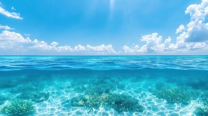 Fototapeta premium Tropical ocean shoreline, vibrant coral reefs visible through crystal clear water, vast blue horizon, warm sunlight, hyperrealistic
