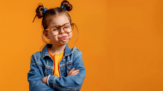 Adorable Little Girl with Glasses and Pigtails Pouting in Denim Jacket on Bright Orange Background