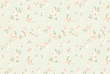 Delicate Pink & Blue Floral Pattern on Green Background