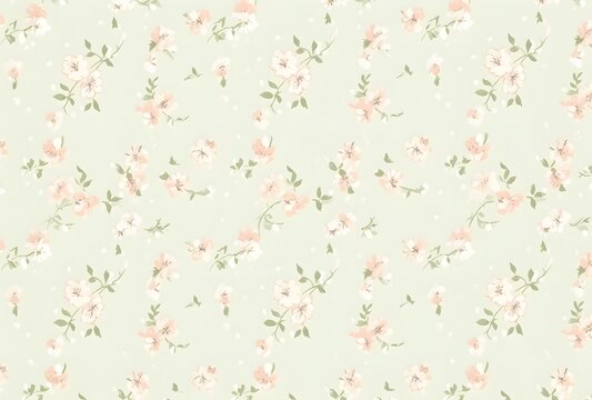 Delicate Pink & Blue Floral Pattern on Green Background
