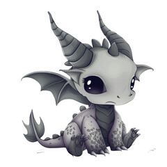 Fototapeta premium A cute, cartoon dragon with large, black eyes, a long, thin tail, and gray, scaly skin, sits with its wings folded.