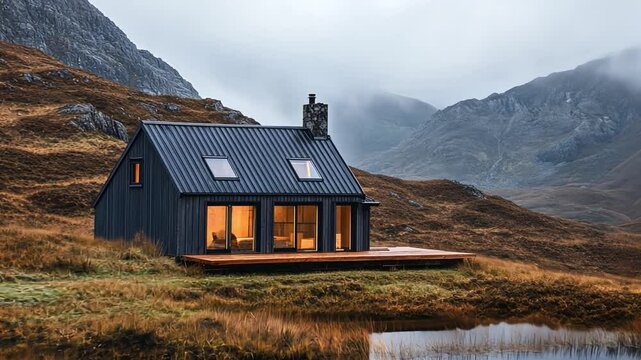 A remote cabin in the Scottish Highlands, off the grid and surrounded by wild landscapes, promoting sustainable living and low-impact travel.