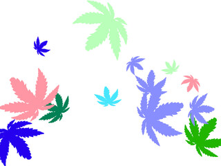 Many handmade ink leaves stamps scattered on white background.  Red Leaves. Border Frame. Yellow Oak November.