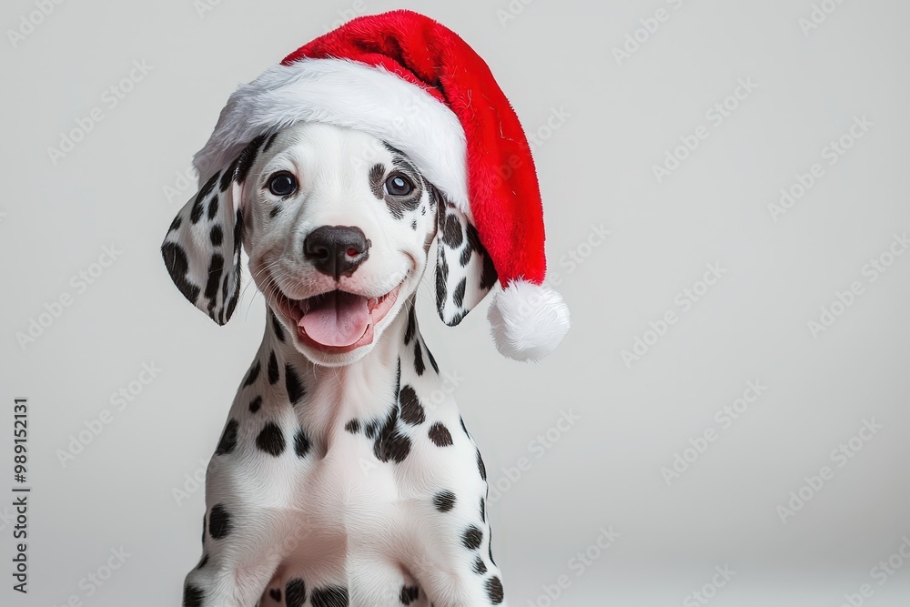 Poster A cheerful Dalmatian puppy sits against a light background, adorned with a bright red Christmas hat, radiating joy and festive spirit