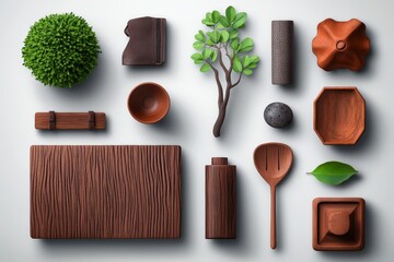 Wooden and Green Elements Flat Lay Composition