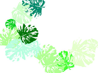 Many handmade ink leaves stamps scattered on white background.  Red Leaves. Border Frame. Yellow Oak November.