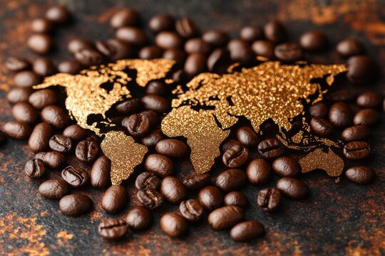 Coffee bean world map conceptual art on rustic background