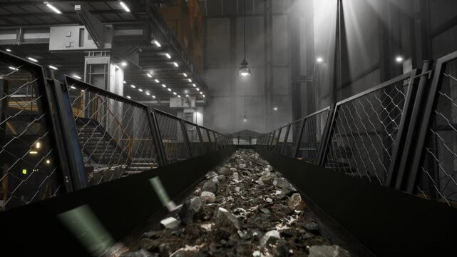 Transportation Of Copper Ore Carried Out In The Factory. Mining Industrial Conveyor At Ore Processing Factory