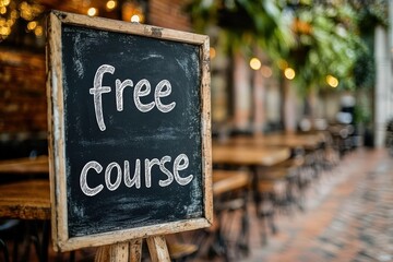 A chalkboard sign displays free course in an inviting café area with rustic wooden tables and warm lighting, attracting the attention of passersby
