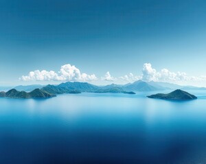 Vast ocean view with distant islands, calm blue waters, soft clouds overhead, serene atmosphere, photorealistic, wide-angle panoramic shot