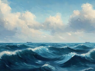 Fototapeta premium Vast ocean landscape with rolling waves, distant ships on the horizon, soft clouds overhead, photorealistic, wide-angle, serene atmosphere