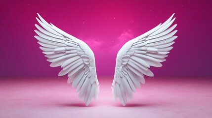 Obraz premium Bright white wings emerging from a glowing ethereal light, set against a heavenly backdrop of pink and purple hues in the sky, creating a scene of pure, divine beauty
