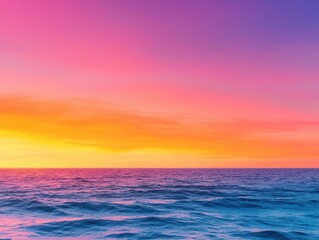 Obraz premium Ocean landscape at sunset, vast horizon, gentle waves, orange and purple sky, serene atmosphere, high-definition detail, wide panoramic shot