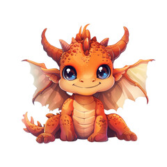Fototapeta premium A cute, cartoon-style orange baby dragon with large blue eyes and a friendly smile sits against a black background.