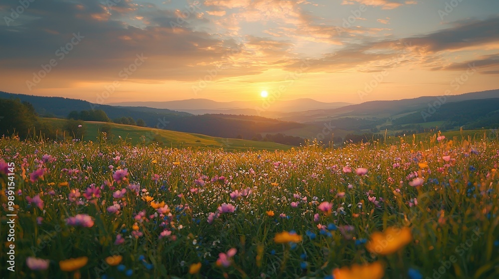 Poster Wildflowers bloom in a colorful array as the sun sets behind rolling hills, casting a warm glow across the landscape in early summer