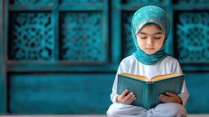 Muslim Girl Reading Quran in Mosque