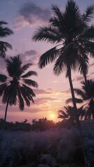 Serene Tropical Sunset with Silhouetted Palm Trees Against a Stunning Purple and Pink Twilight Sky