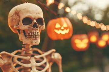 Skeletons hanging from trees, ghostly lanterns, Halloween yard decorations, 3D illustration ,closes up