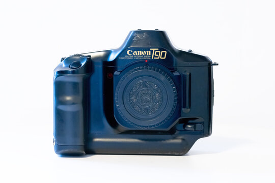 Calgary, AB, Canada. Sep 21, 2024. A well-preserved Canon T90 SLR camera featuring a sleek black finish and a prominent &ldquo;Canon T90&rdquo; inscription.