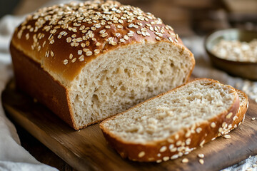 A freshly baked sourdough loaf with whole grain flour, sliced and arranged on a wooden board,luffy bread emphasizes comfort, health, and homemade goodness.greentea
