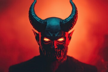 Fototapeta premium Demon costume, horns, red skin, glowing eyes, sinister vibe, 3D illustration
