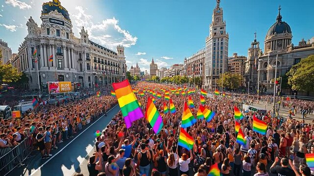 A colorful Pride procession in Madrid, Spain, featuring rainbow-colored banners, exuberant spectators, and the stunning architecture of the city as the backdrop.