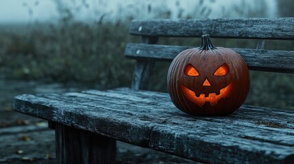 One spooky halloween pumpkin, Jack O Lantern, with an evil face and eyes on a wooden bench, table with a misty gray coastal night background with space