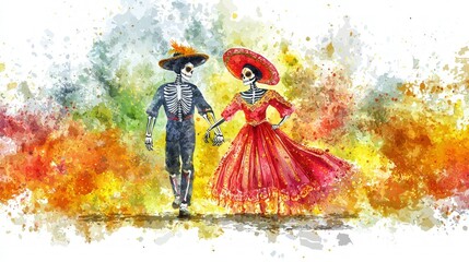 Fototapeta premium A vibrant watercolor illustration of a skeleton couple in traditional Mexican attire, celebrating life and death with colorful backgrounds.