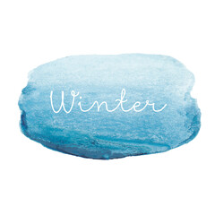 Hand drawn abstract bright soft blue watercolor splash with with Lettering Winter on white background. Bright Blue Dust Explosion, Color Wash Illustration for Design, Card, Poster, Ads, application\