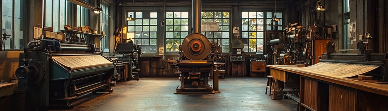 In a vintage printing press room, heavy iron machines clatter rhythmically as they print newspapers.
