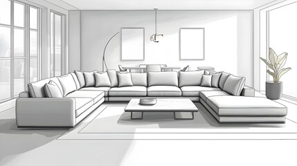 Chic and sophisticated contemporary living room featuring a comfortable U shaped sectional sofa and modern minimalist furnishings  The color accent pieces create a refined and elegant look Technique