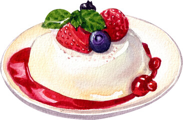 panna cotta italian desserts, watercolor painting hand-drawn illustration