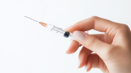 Close up of a hand holding a syringe with a needle, depicting medical equipment used for injections, vaccines, or medical treatments.