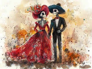 Fototapeta premium A vibrant painting of a skeleton couple dressed in traditional Mexican attire, embodying the Day of the Dead celebration with colorful details and a festive atmosphere.