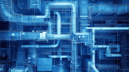 Aerial view of complex air duct pathways in blueprint style, showcasing intricate designs and structures. blue tones create modern and technical atmosphere, emphasizing engineering aspects