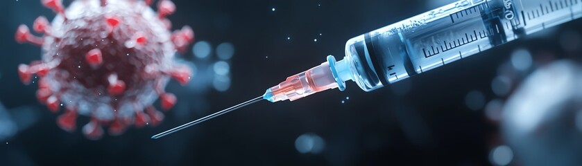 Close-up of a syringe and a virus particle, symbolizing vaccination efforts and health science against infectious diseases.