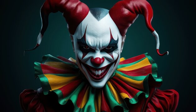 Evil jester costume, twisted smile, colorful yet creepy, 3D illustration