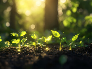 New saplings glowing with oxygen in serene forest create peaceful atmosphere, showcasing natures beauty and vitality. sunlight enhances vibrant green leaves, symbolizing growth and renewal