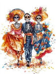 Fototapeta premium Three skeletons in colorful traditional attire celebrate, embodying the vibrant spirit of Día de los Muertos with decorative elements and floral patterns.