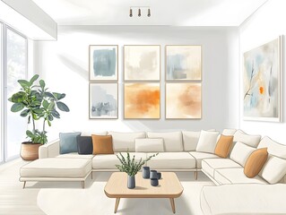 Bright and airy open concept living room showcasing a spacious linen upholstered U shaped sectional mid century inspired low profile furniture and a gallery wall of abstract art