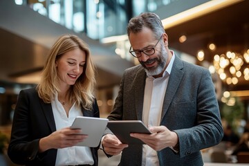 Collaboration in a Corporate Setting: Male and Female Colleagues Analyzing Financial Data on Tablet in Modern Office