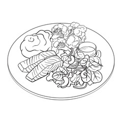 A dish with fish, mashed potatoes, salad, broccoli and sauce. Healthy food, menu