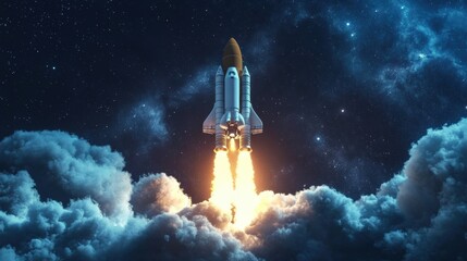 Fototapeta premium Rocket launch into space surrounded by clouds and stars at night