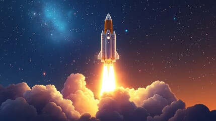 Rocket launches into a starry sky at sunset with colorful clouds