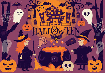 Happy Halloween set of fantasy collection With cute cartoon halloween characters design illustration	
