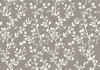 White Floral Vines on Gray Linen Texture