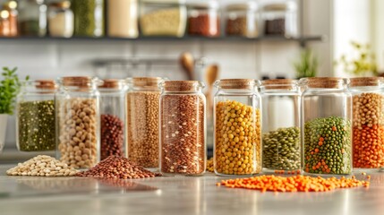 Assortment of Dried Beans and Grains in Glass Jars