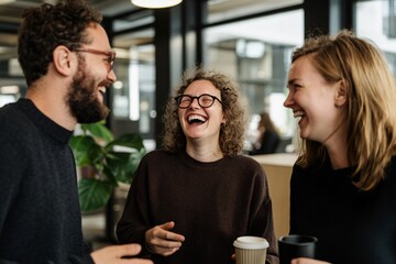 Boosting Team Morale: Diverse Colleagues Enjoying a Break in Modern Office Kitchen, Fostering Positive Work Environment