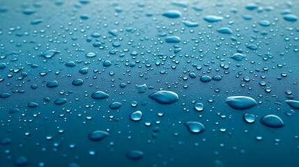 Water Drops on a Blue Surface, Macro Photography, Abstract Background