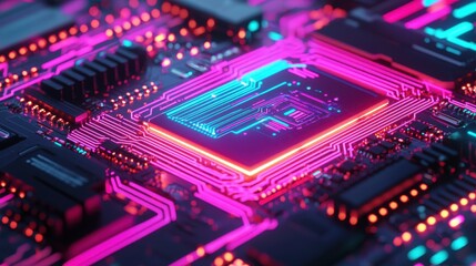 Obraz premium Detailed view of glowing circuits running through a futuristic witch's broomstick, sharp focus, cyberpunk style, neon lights, metallic textures. ,closes up